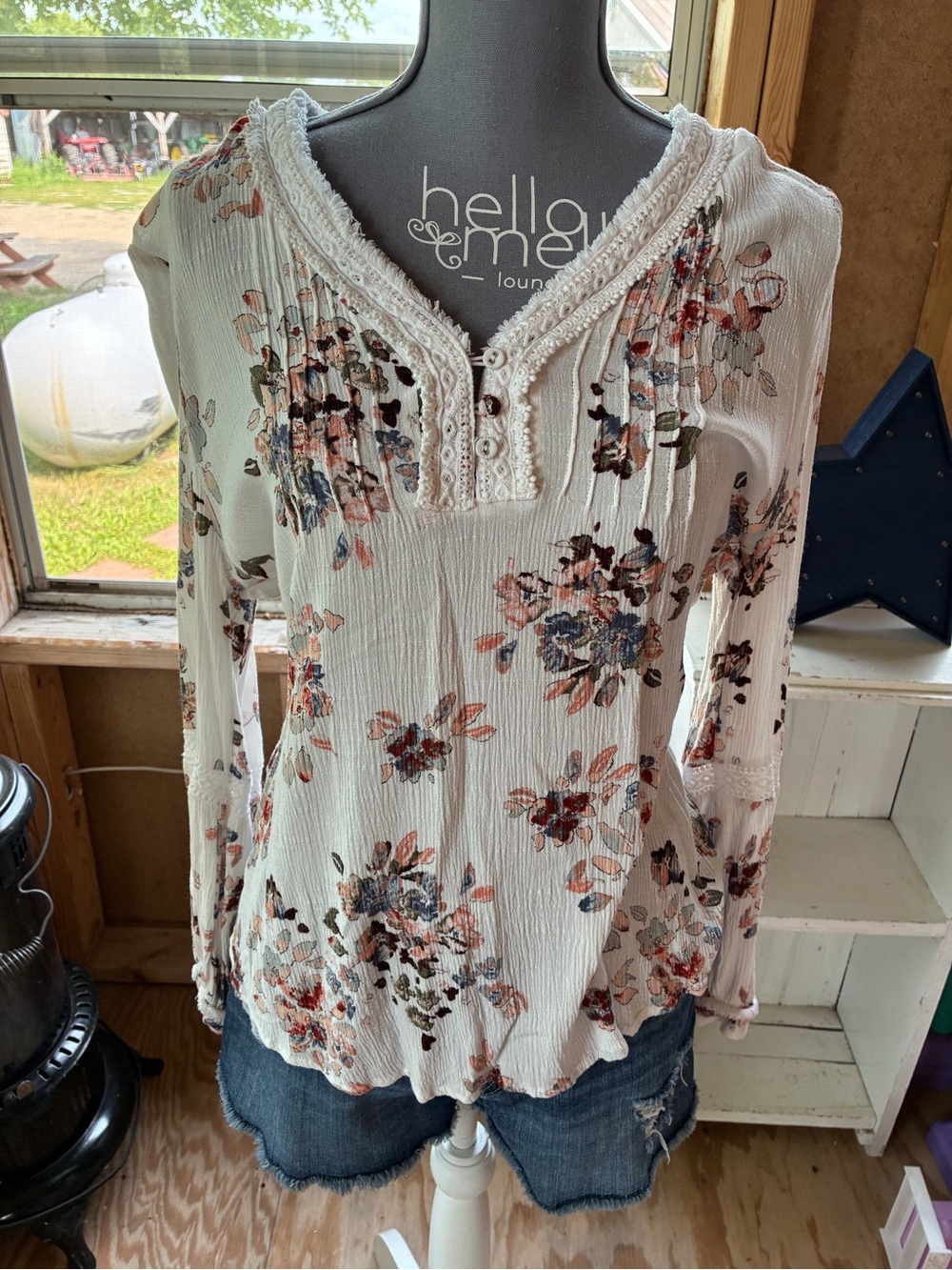 American Rag Women's White Floral Long-Sleeve Henley Top